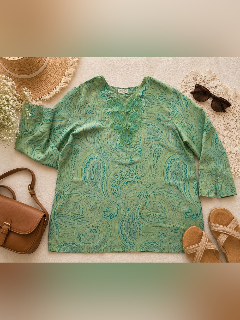 Coldwater Creek 100% Silk Paisley Embroidered Blouse Top 3X Green Teal